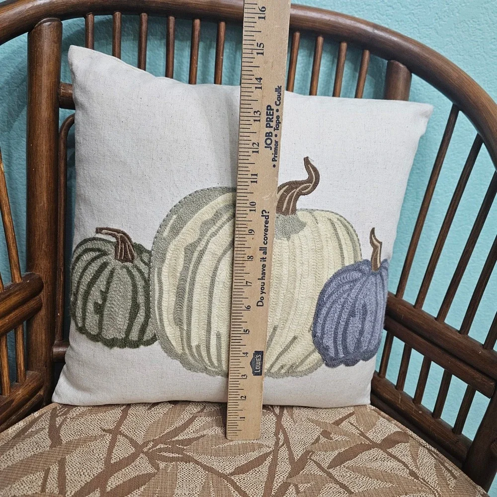 Pier 1 Imports Embroidered Three Pumpkin Fall Throw Pillow Cream Blue Sage 15x15